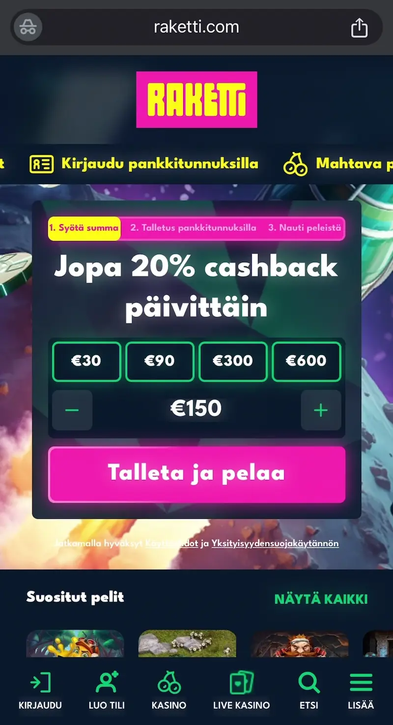 raketti casino screenshot